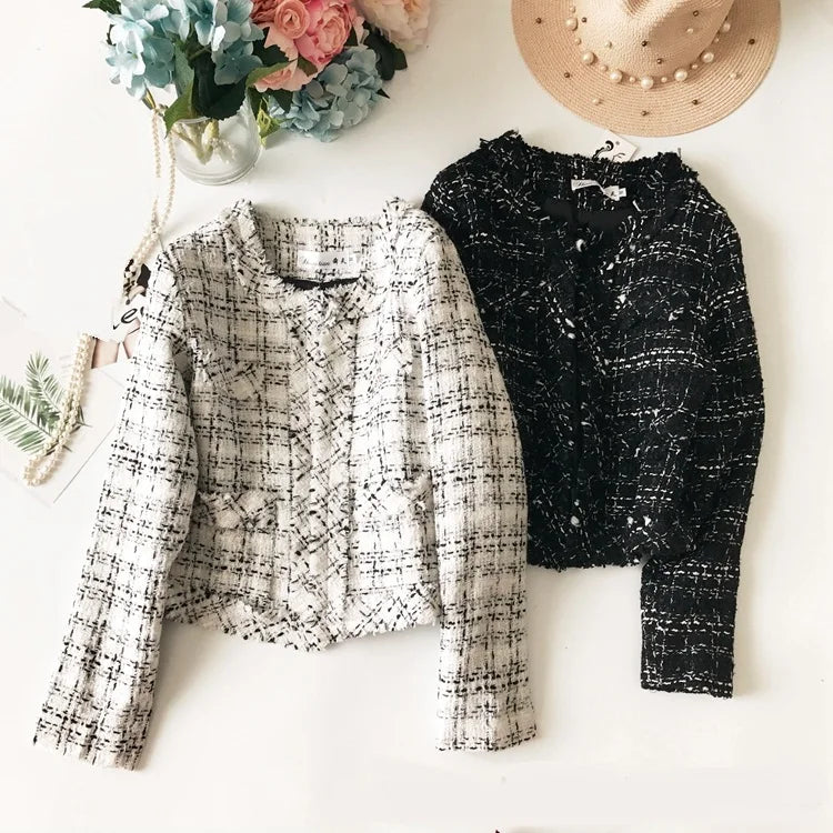 New Spring Fashion Ladies Jacket Coat All-match O Neck Single Breasted Tweed Short Jackets for Women Long Sleeve Outwear Slim