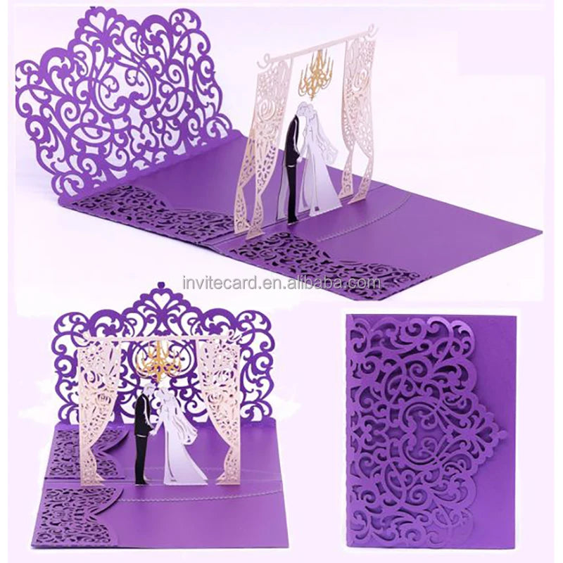 Purple Pearl Paper Bridal and Groom Pop up Paper Handmade Wedding Invitation Cards Cover Only