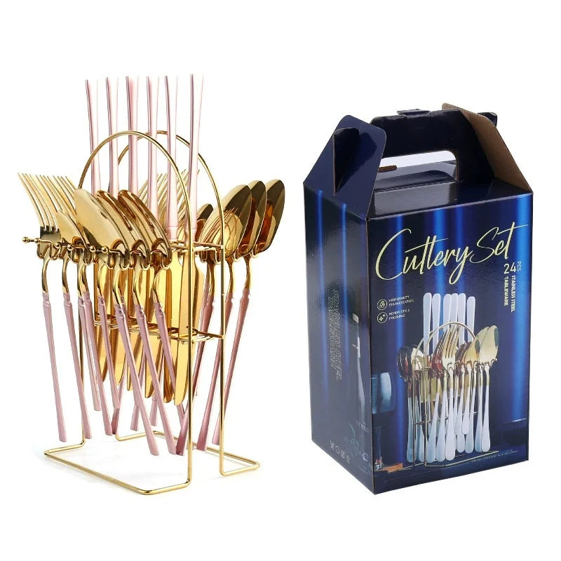 24-Piece Golden Western Style Reusable Tableware Set Steak Knife Fork Spoon with Elegant Gift Box for Hanging Rack