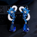 Unique Design Silver Plated Elegant Cubic Zircon Flower Drop Stones Long Royal Blue Party Earrings for Women Jewelry Gift