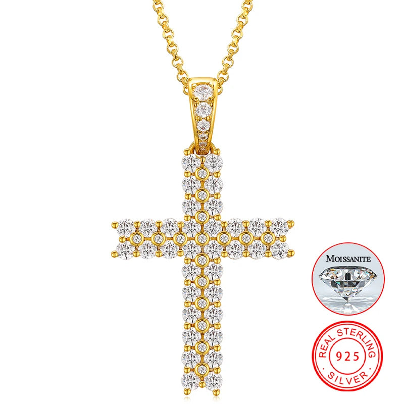 Drop Shipping Gold Plated 925 Sterling Silver Two Row VVS Moissanite Diamond Cross Pendant Necklace With Chain