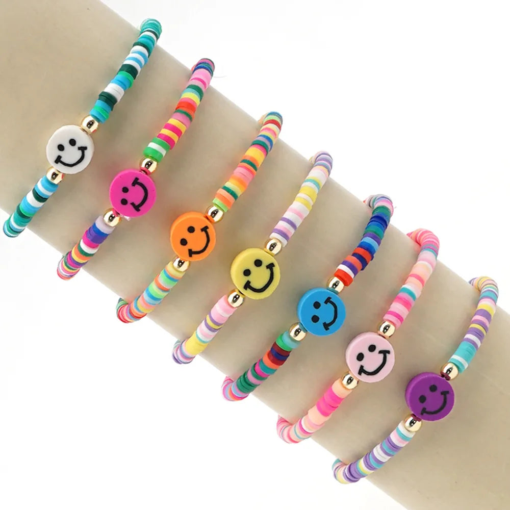 New 4mm Rainbow Soft Ceramic Bracelet Beaded Multicolor Smiling Face Bohemian Ethnic Couple Bracelet Women