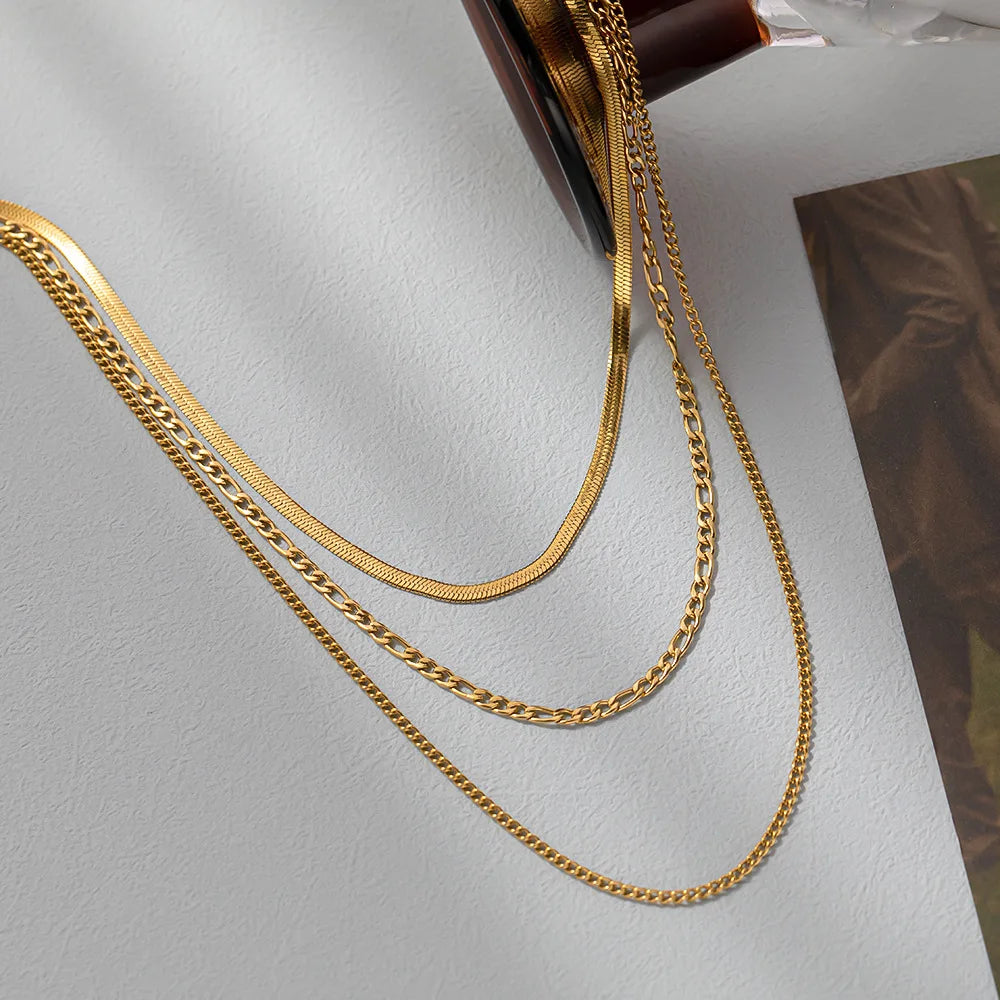 HOVANCI New Arrival Stainless Steel Flat Snake Herringbone Chain Three Layer Figaro Chains Necklace