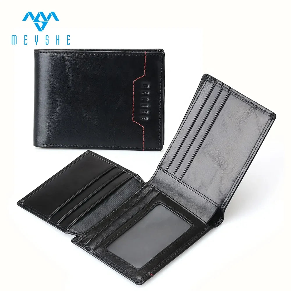 Factory Custom 3-Fold Men's RFID Blocking Top Grain Genuine Black Leather ID Card Holder Short Open/Cover Printed for Cash