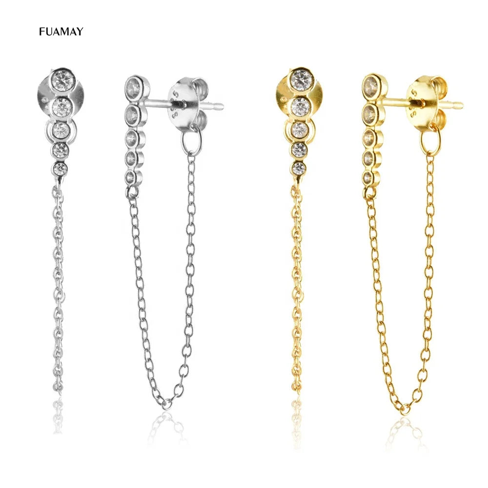 FUAMAY Dainty Long Chain Earrings  Bezel Stone Chains Studs Earring for Women