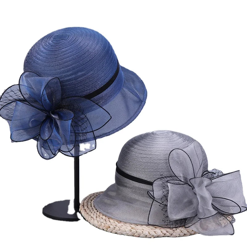 Women's Elegant Organza Church Hat Kentucky Derby Fascinator Cap Tea Party Cap Wide Brim Wedding Hat with Sunflower Headgear