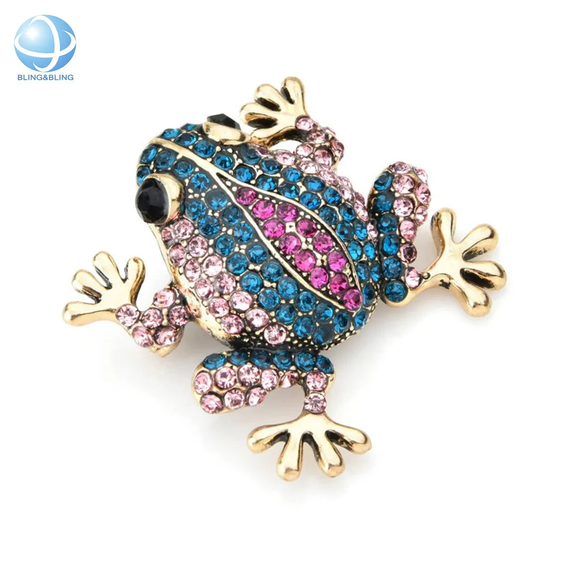 Witchy Decor Pink and Teal Rhinestone Frog Pin Rainforest Animal Crystal Brooch Pendant