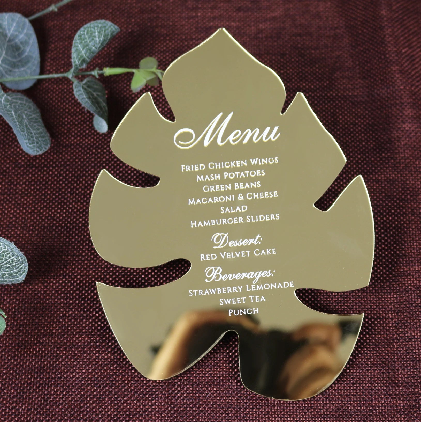 New Design Palm Tree Leaf Shape Gold Mirror Acrylic Wedding Menu Cards