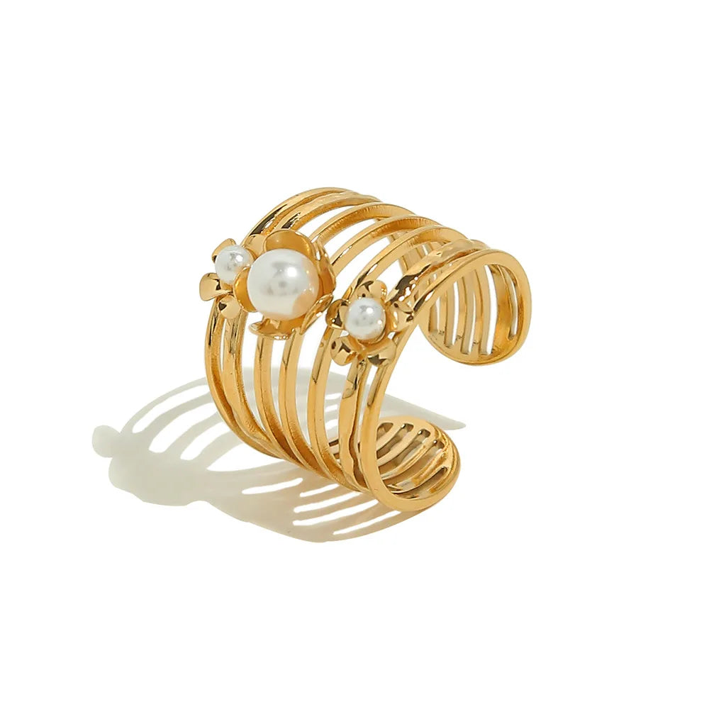 Nabest Waterproof Stainless Steel Layers Pearls Ring Jewelry Women 18k Gold Plated Geometric Hollow Open Rings