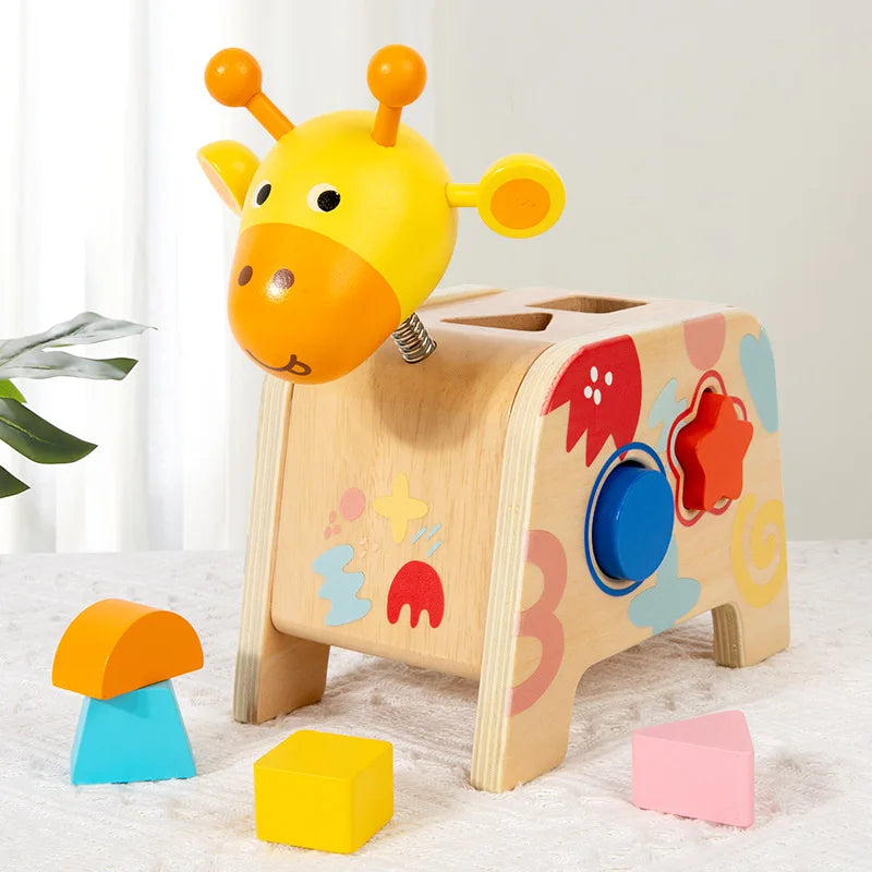 Montessori Children's Wooden Giraffe Geometric Shapes Sorting Shaking Head Game Educational Cognition Learning Toys for Kids