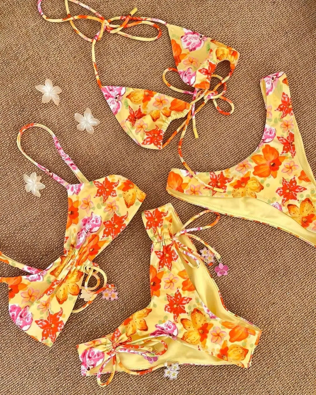 2026 Designer Custom Low Rise Floral Push Underwire String Micro Bikini Set Front Logo Cheeky Bottom Women's Swimsuit Scoop