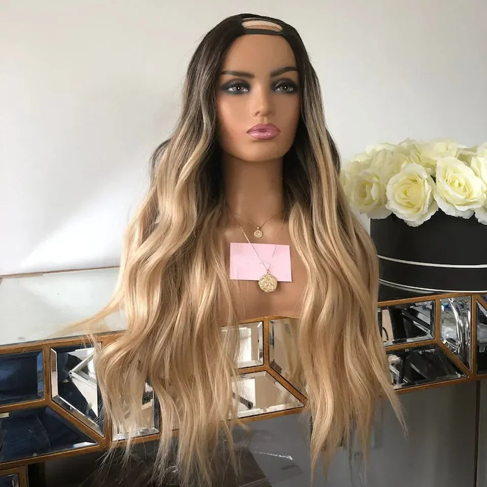 Gluless Ombre Honey Blonde Color Loose Wave 100% Virgin Remy Brazilian Human Hair U Part V Part No Lace Wigs for White