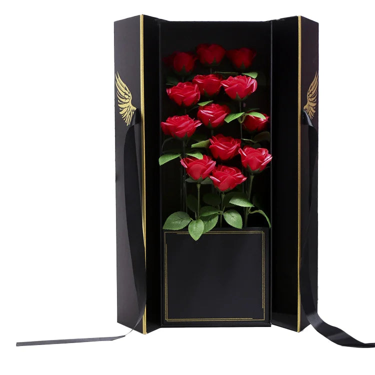 Large Black Flower Gift Boxes with Ribbon for Wedding Saint Valentin or Bouquet Embossed and Matt Laminated Sponge Liner