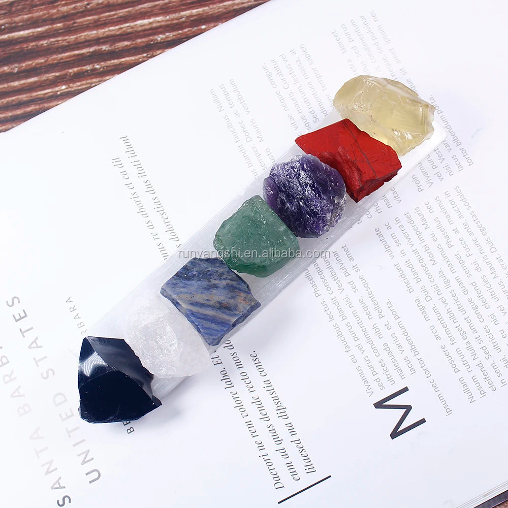 Wholesale Crystal White Selenite Plate Board Gift Box Chakra Stone Set Rough Stones for Reiki