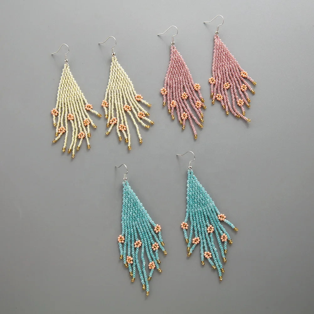 Trendy Light Color Flower Glass Seed Beaded Tassel Earrings Huggie Style for Girls' Weddings Parties Engagements and Gifts