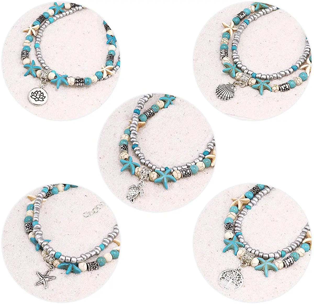 New Design Bohemia Charm Beaded Bracelets for Ladies Turquoise Alloy Yoga Anklet Fashionable Beach Style