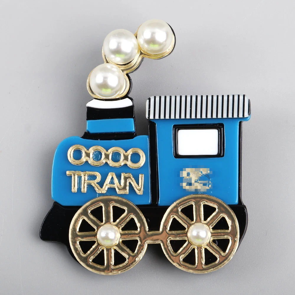 Yiwu Wholesale Creative Children's Gift Cute Train Luxury Pearl Pin Sweater Accessory Lapel Cartoon Fun Acrylic Brooch for Women
