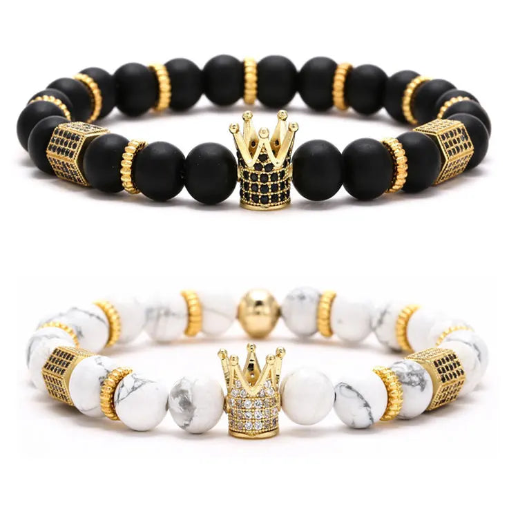 SC 8mm Natural White Turquoise Black Matte Onyx Stone Bracelets Fashion Gold Plated Zircon Hexagon Crown Beads Bracelet Men
