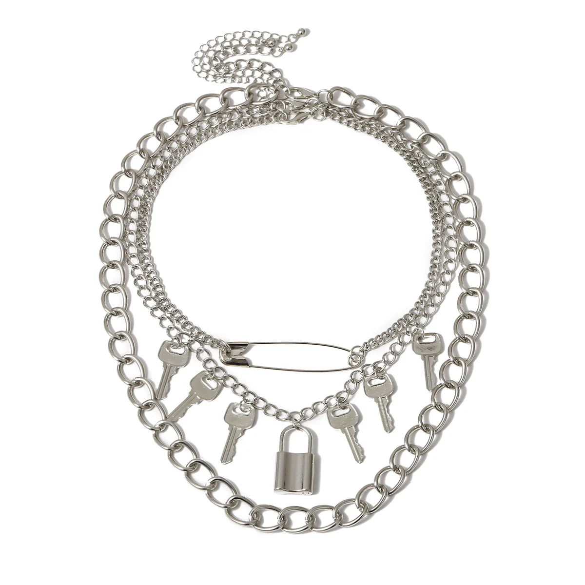 Hip-hop Punk Style Exaggerated Multi Layer Necklace Big Pin Key Tassel Lock Pendant Jewelry Set