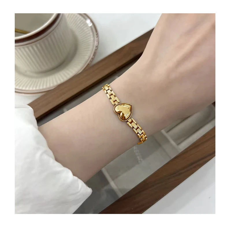 Women's Gold Plated Heart Stainless Steel Cuff Bracelet Love Heart Bangle Jewelry Party Wedding Gift Ideas-Christian Religious