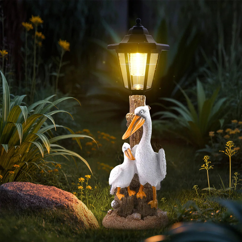 Solar Powered Hand-painted Resin Pelican Family Garden Lantern Model Anime Vintage Christmas Waterproof Night Light Patio Yard