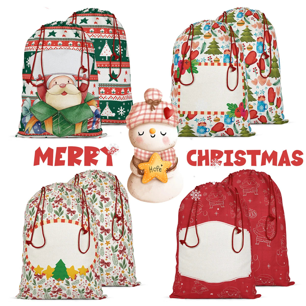 Custom Monogram Christmas Linen Drawstring Gift Bag Sublimation Blank Plain Canvas Santa Sack for Decorations