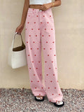 Women's High Waist Pink Denim Pants Heart Print Loose Wide Leg Eco-Friendly Washed Vintage Hip Hop Style Breathable Summer