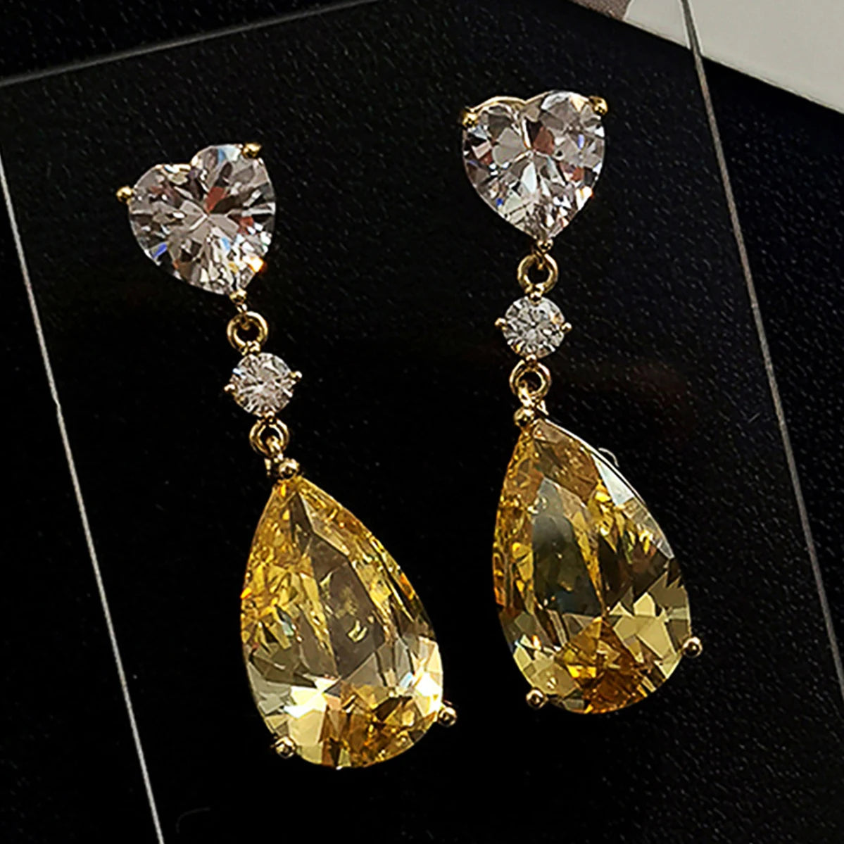 CAOSHI Exquisite Heart Shaped Water Drop Design Yellow Crystal Zircon Earrings for Women Wedding Silver Plated Pendant Earrings