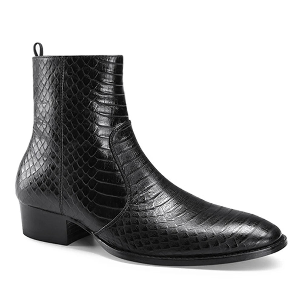 2024 Stylish Top Layer Cowhide Men's Summer Casual Boots Zipper Snakeskin Texture Chelsea Shoes Genuine Leather Hard-Wearing