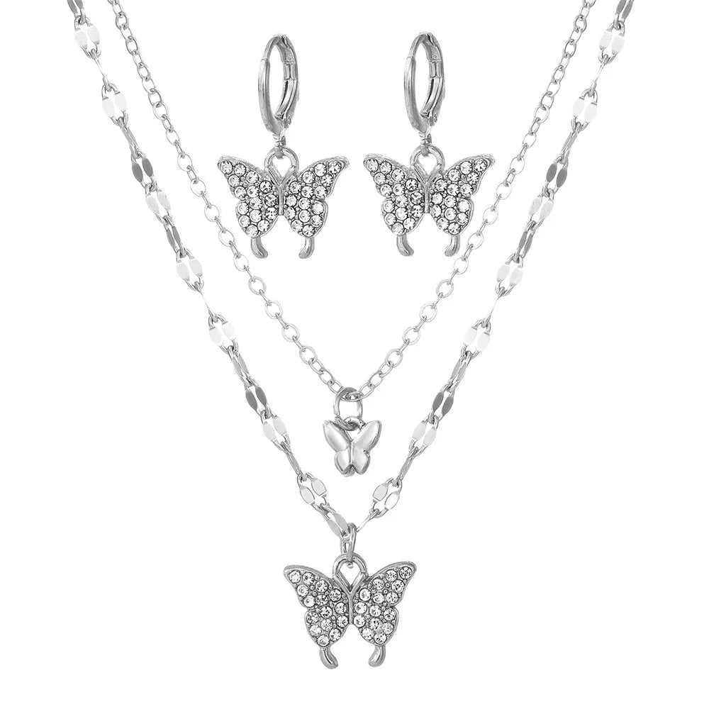 Fashionable and High-end New butterfly Ear Clip Necklace Set European and American Cross-border Versatile Jewelry Set