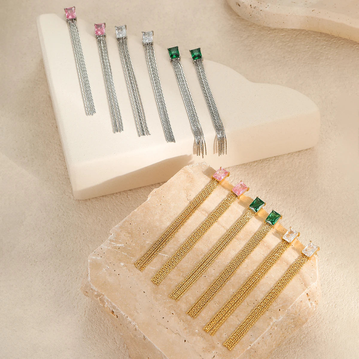 Colorful Zircon Long Tassel Drop Earrings Women Elegant PVD Gold Plated Stainless Steel Stud Earrings Waterproof Fine Jewelry