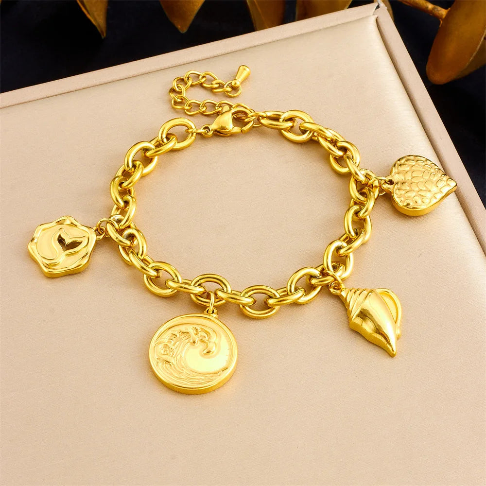 Tarnish Free Stainless Steel 18k Pvd Gold Plated Wave Conch Fishtail Charm Bracelet Hypoallergenic Chain Bracelet for Women