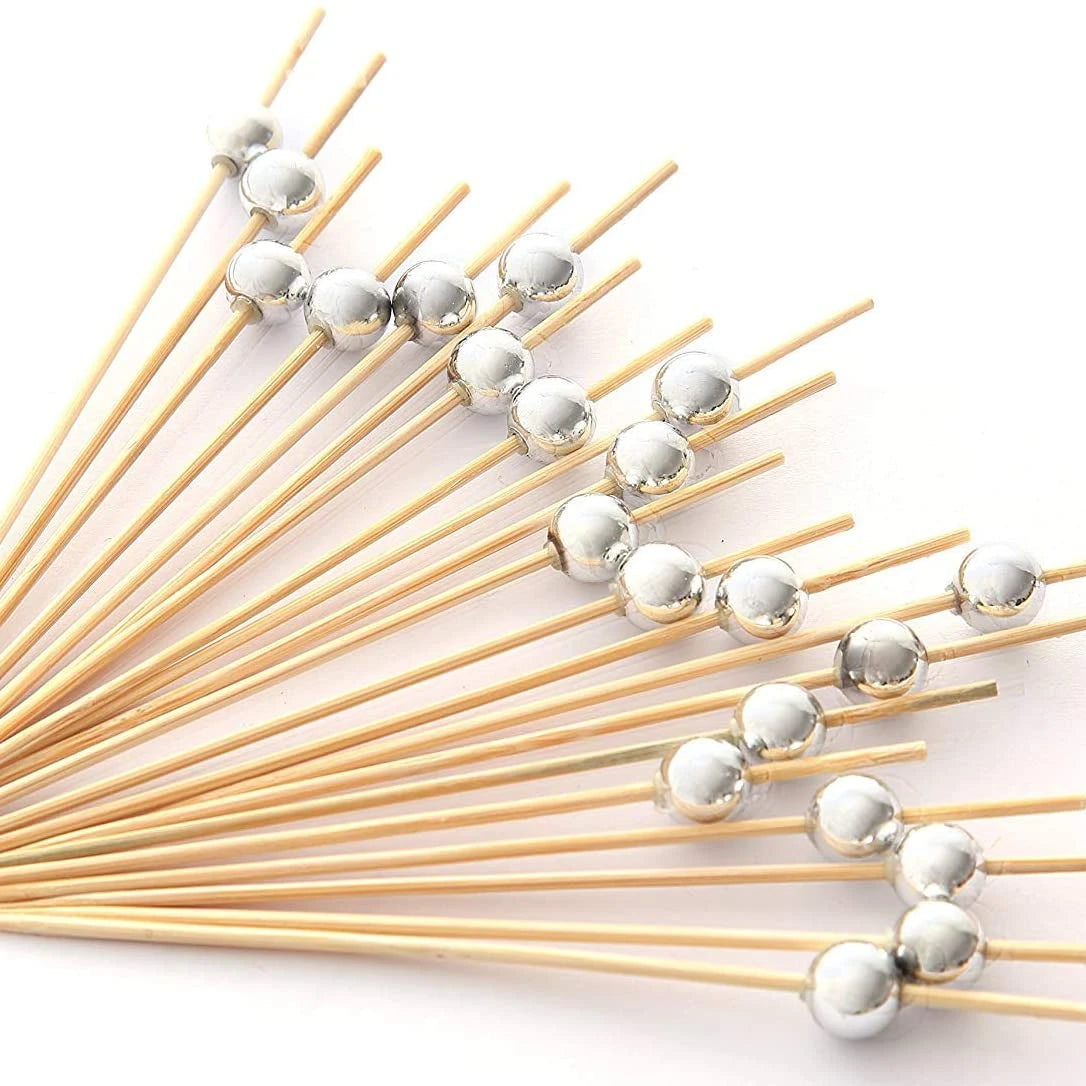 Tailai Metallic Ball Bamboo Fruit Toothpicks - Disposable Cocktail Picks for Appetizers Party Snacks & Garnishes BBQ Tool