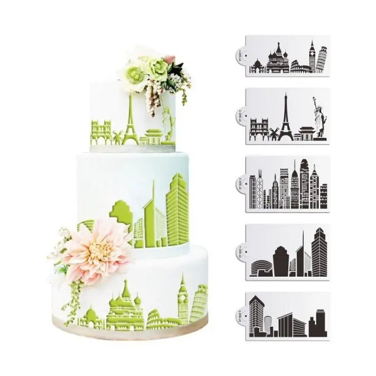 HY 5 Pieces Cake Decorating Stencils for Wedding Birthday Cake