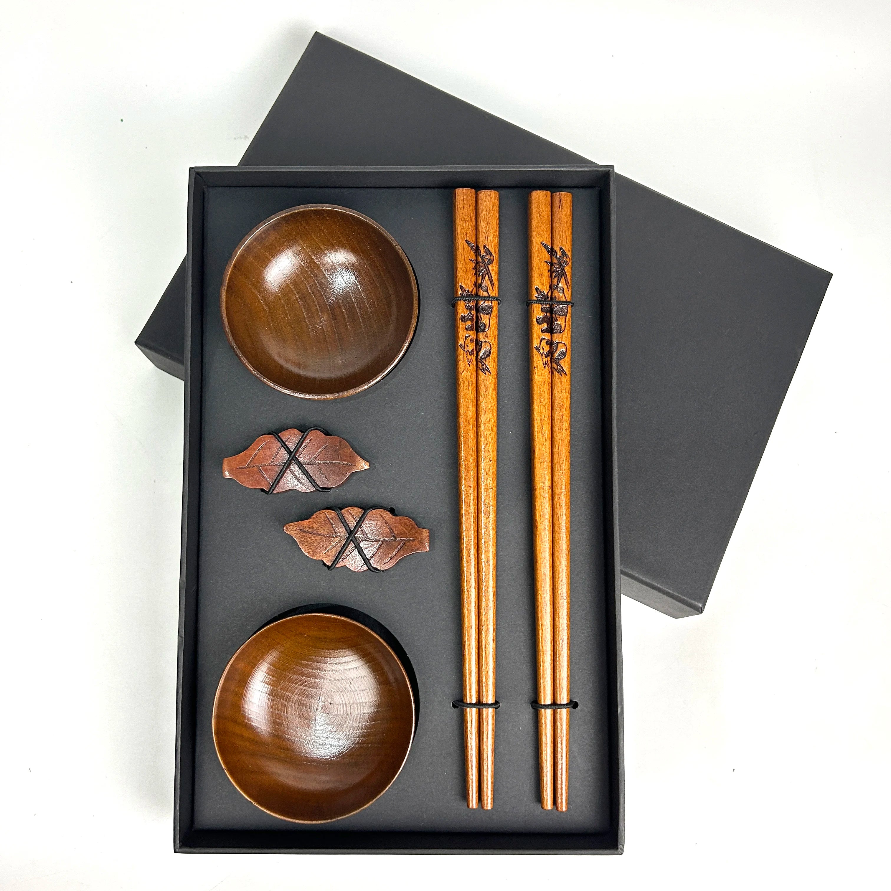 Natural Wood Tableware Set Leaf Chopsticks Rest and Dish with Gift Box for Business Occasions