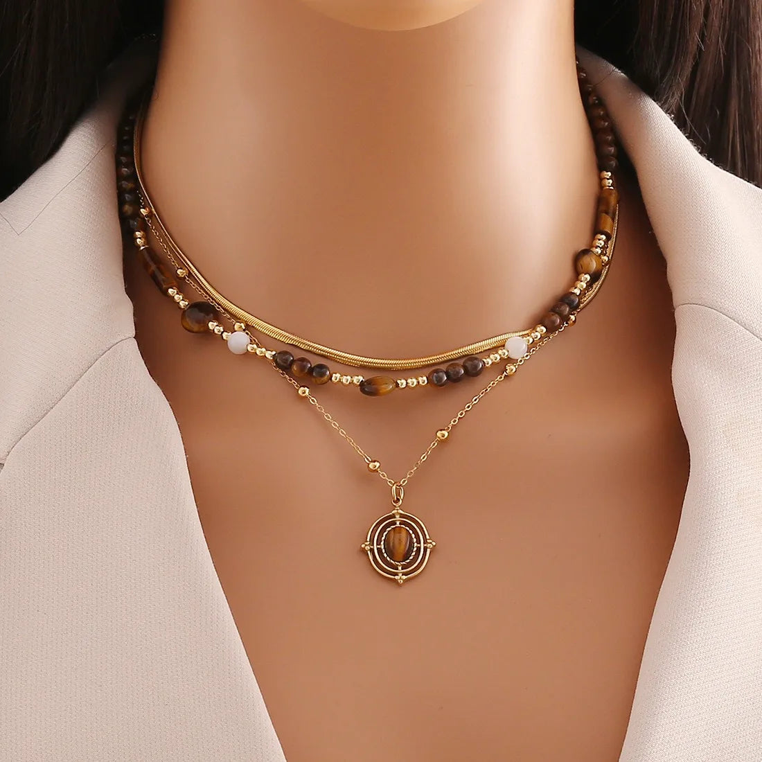 Retro 18K Gold Plated Necklace Natural Tiger Eye Stone Clavicle Necklace Pearl Charm Semi-Precious Gemstone Jewelry for Women