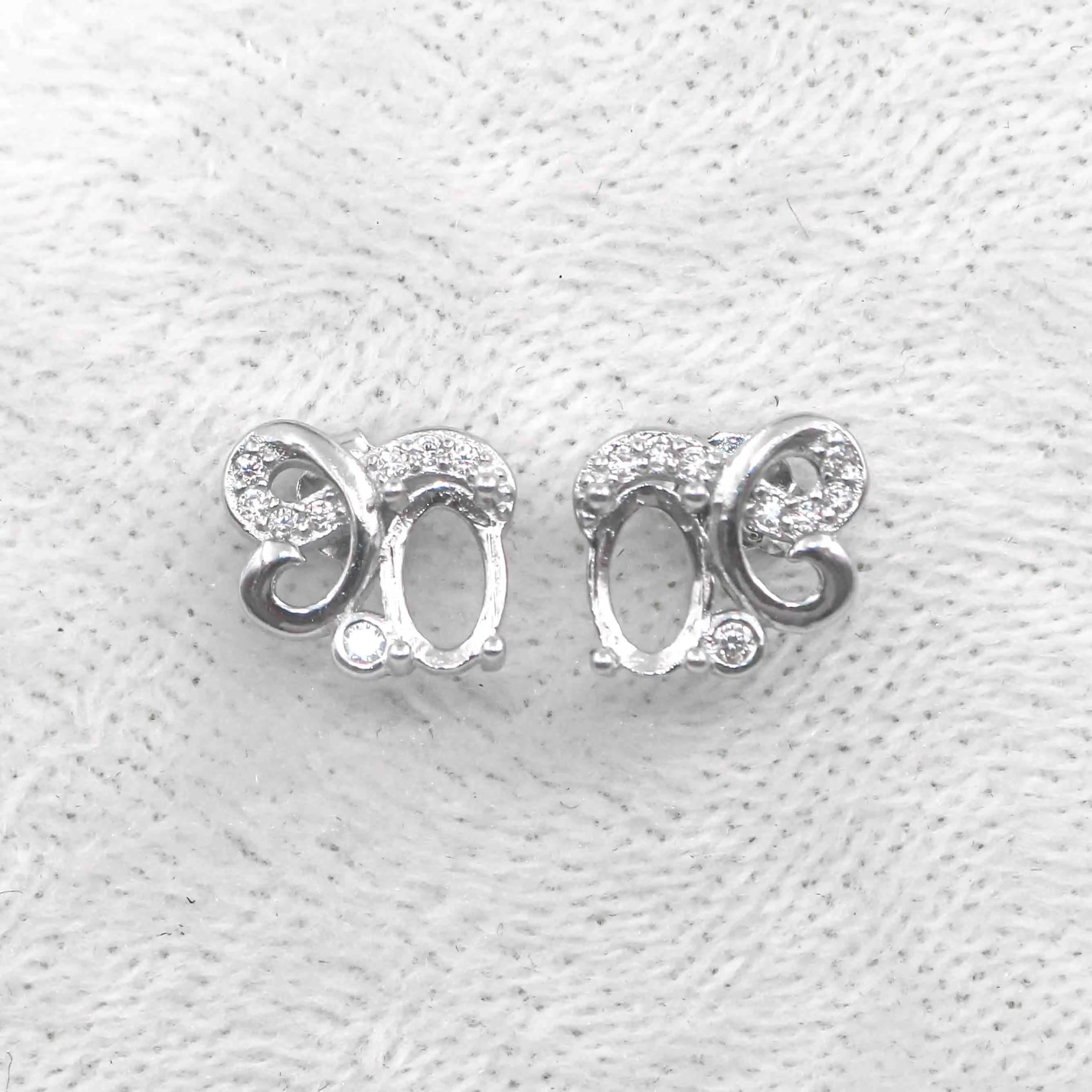 Sterling Silver 4*6mm Semi Mount Stud Earrings Empty Frame Support Blank Setting S925 Base Without Center Stone for DIY Inlay