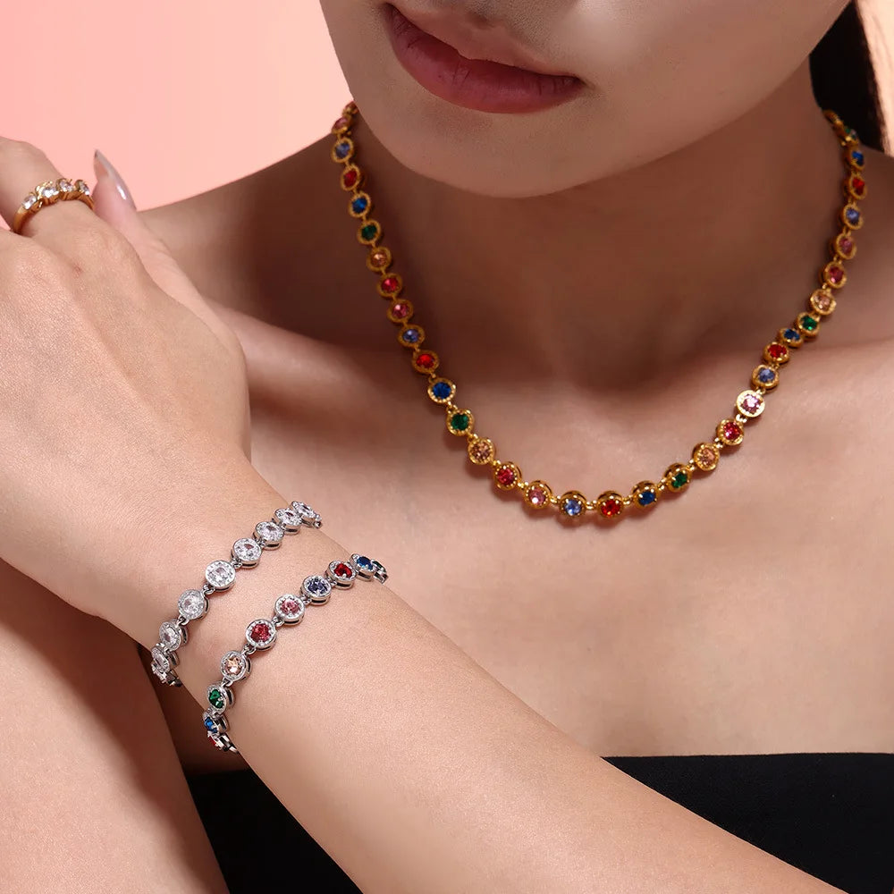 YF3961 Stainless Steel Waterproof Jewelry Set 18k PVD Gold Plated Colored Zircon Splicing Necklace Non Tarnish Bracelet MegaBDM