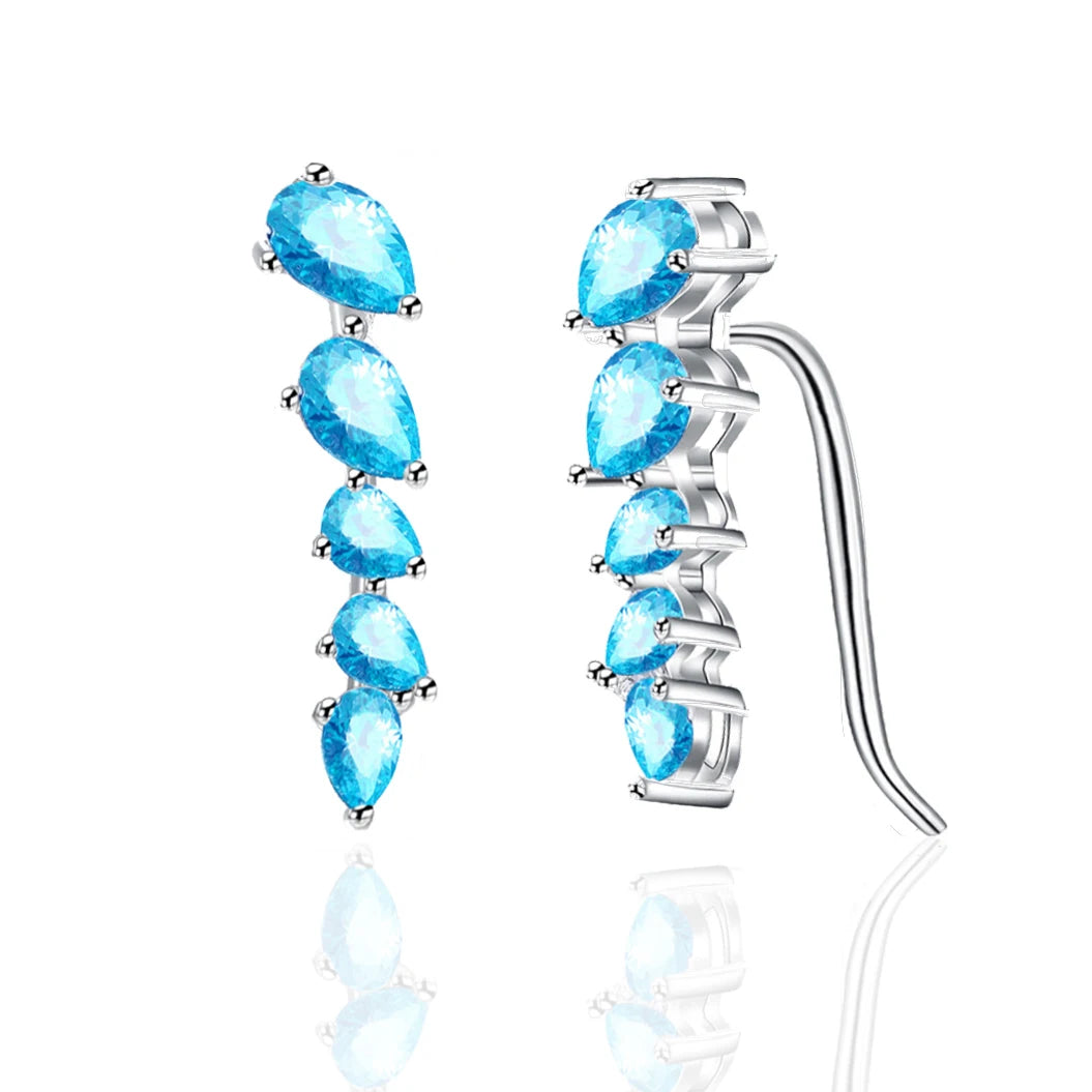 925 Sterling Silver Ear Crawler Earrings Chic Ear Cuff Clear Blue CZ Stones Earrings for Women Ear Climbers Stud Earrings Gift