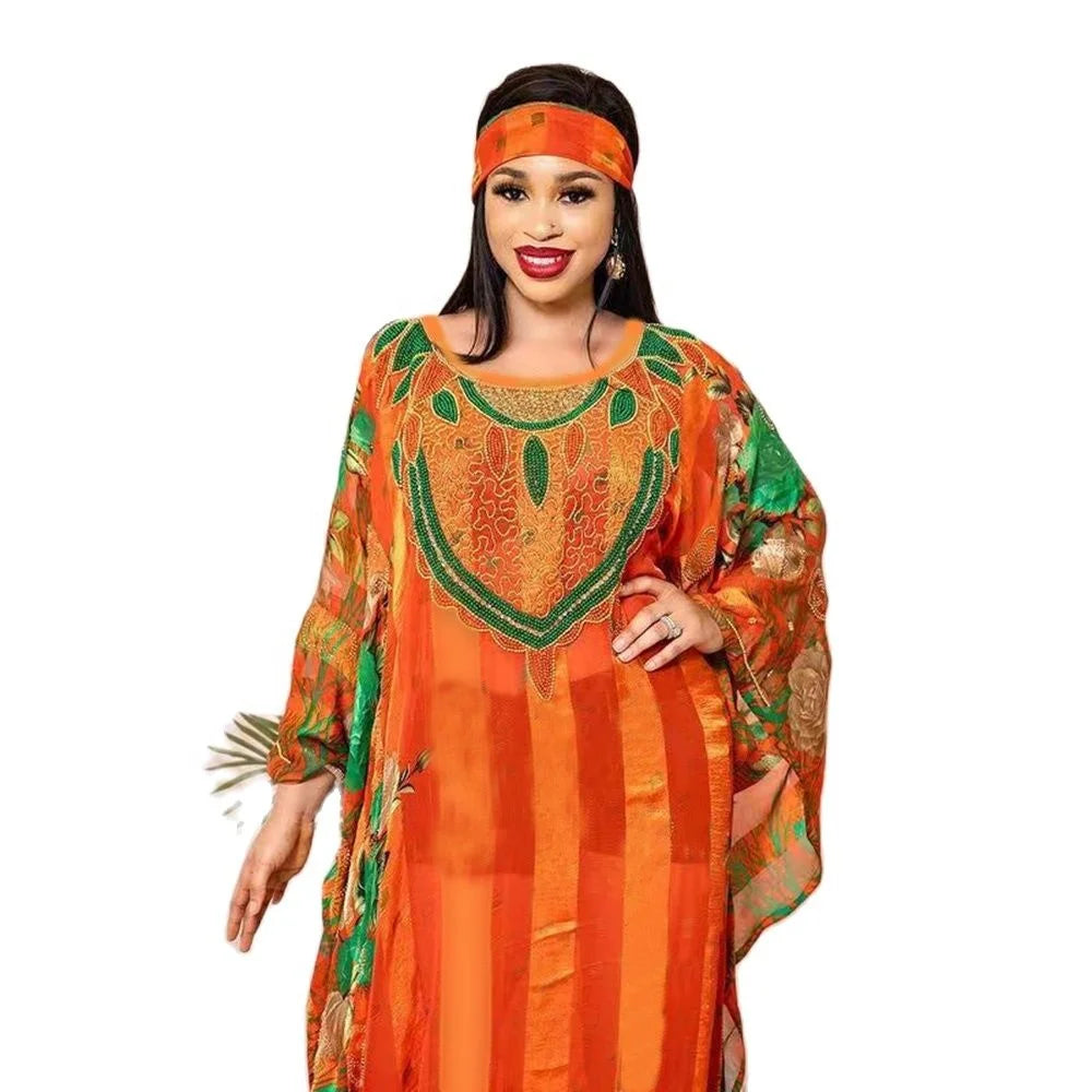 New Jewelry African Dresses for Women Chiffon Printed Rhinestone Women Dress for African Underwear Loose African Print Dress