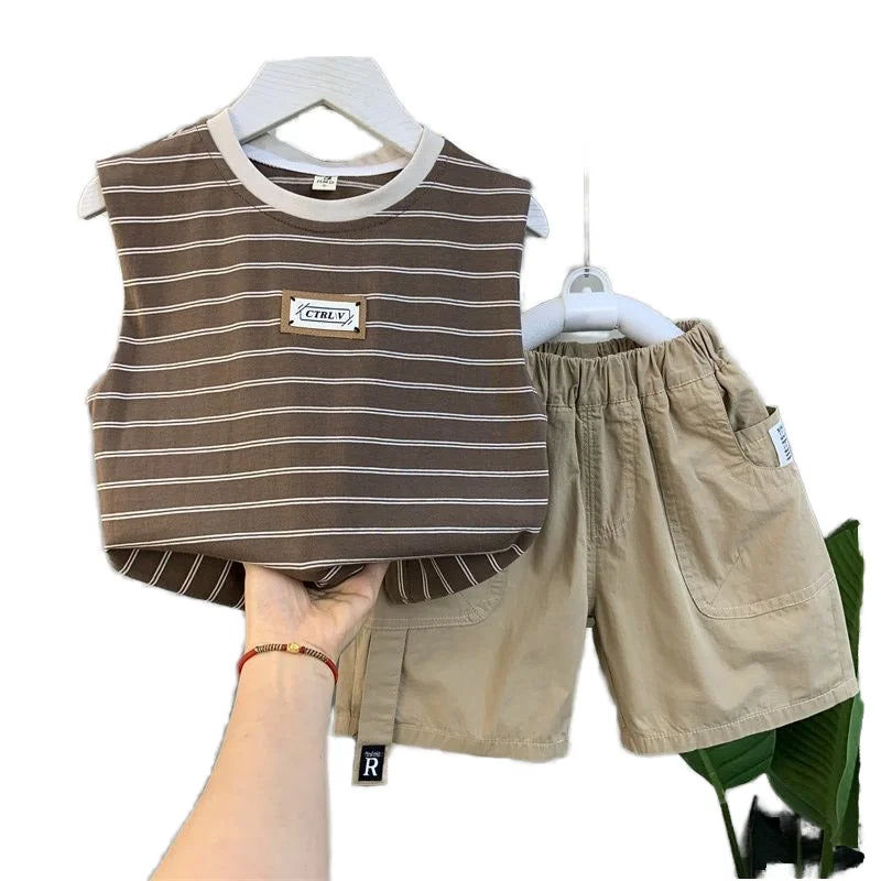 Children's Boy Summer Casual Print Vest Set Western-style Sleeveless Two-piece Handsome Clothing
