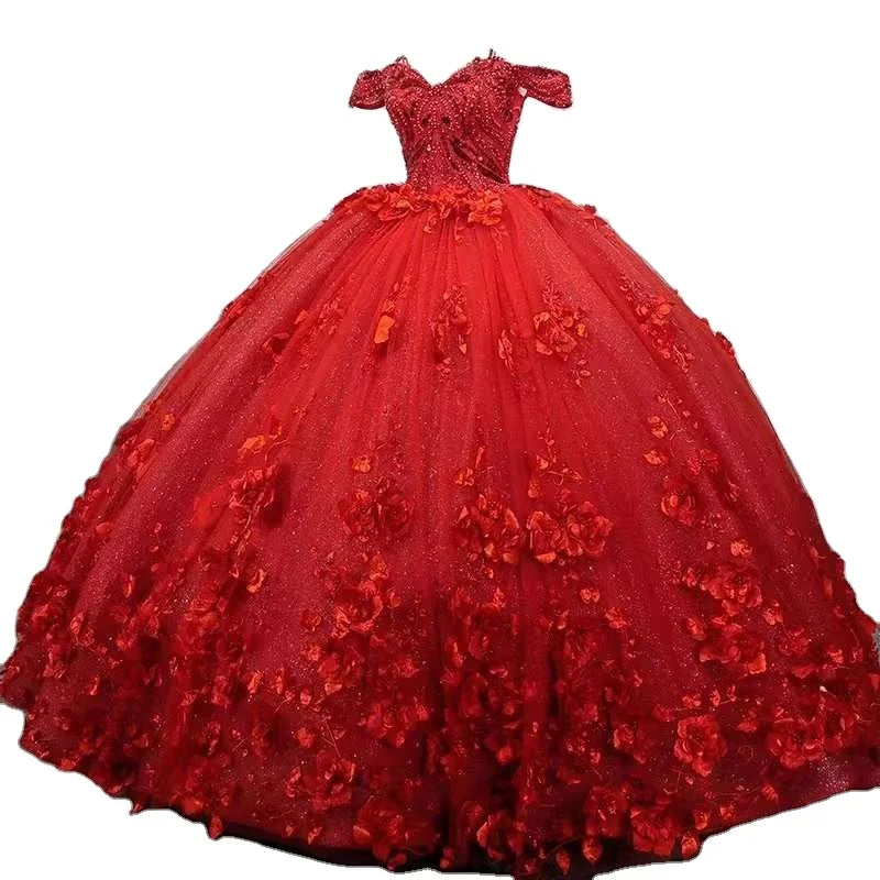 AL1628 Luxury Beaded Bridal Wedding Dress 2023 Novelty Red Gold with Lace and Flower Decor Long Sleeve Civil Ball Gown