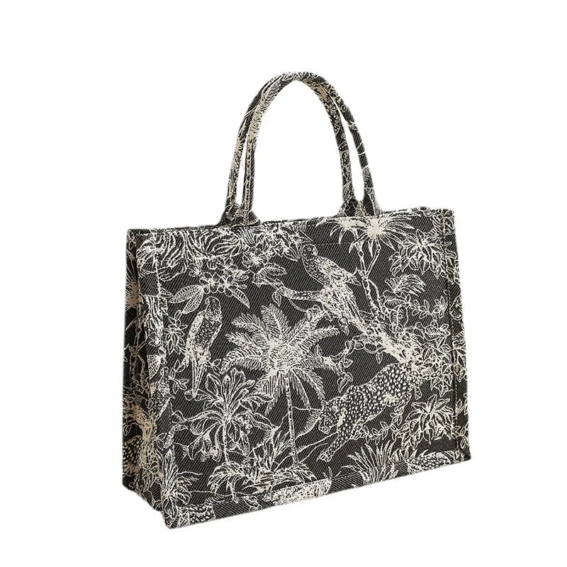 Hot Selling Unisex Designer Jacquard Bucket Handbag Large Capacity Cotton Canvas Tote Bag Open Closure Polyester Lining