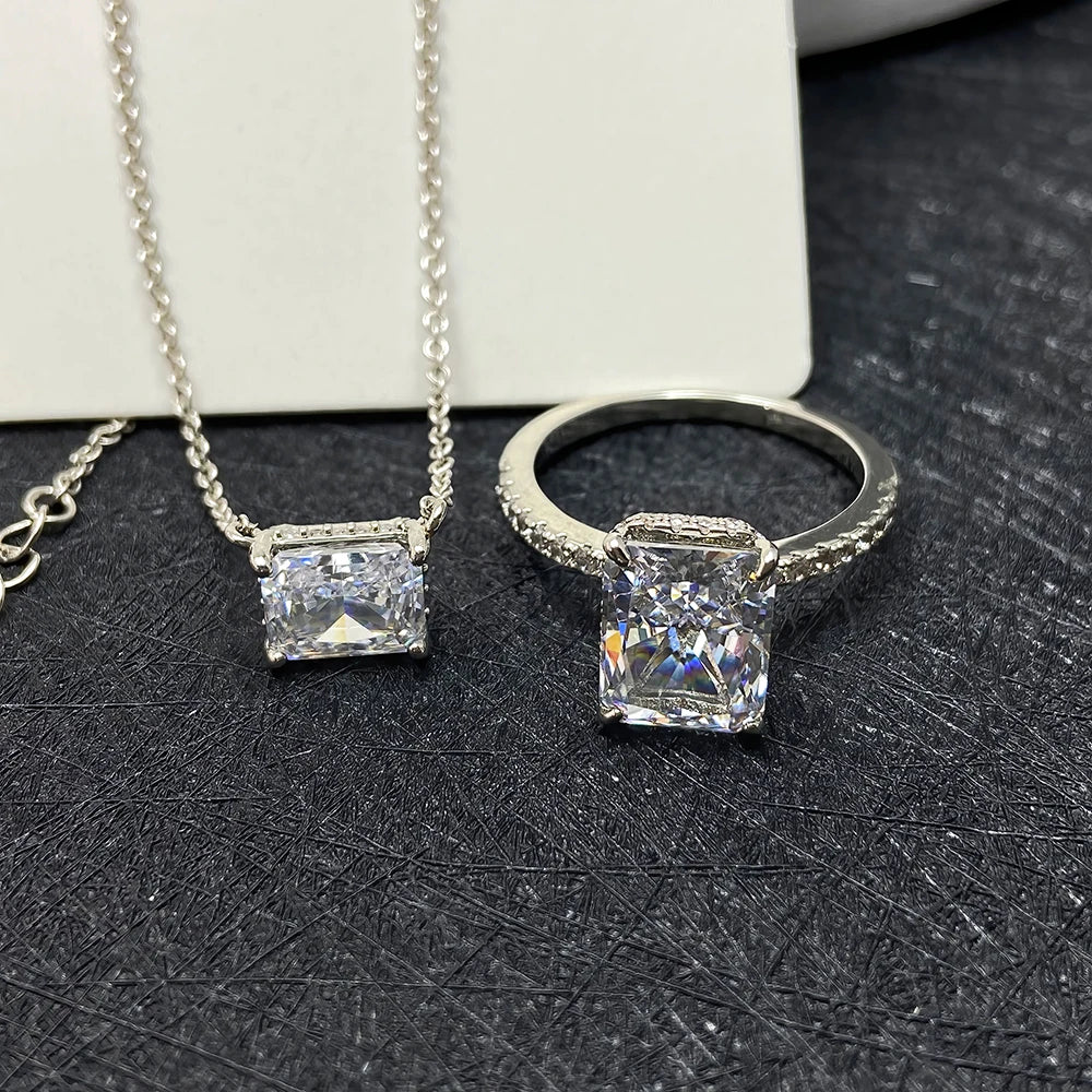 Top Sale Silver Fine Jewelry 925 Sterling Rings Engagement Ice Cut 8A Radiant CutStone Emerald Cut 925 Silver Necklace&Rings Set
