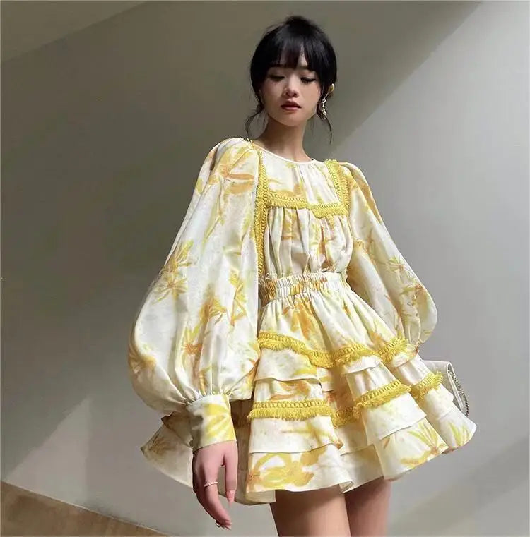 2024 Summer New Style Round Neck Lantern Sleeve Top With Elastic Waist Skirt Small Fresh Suit for Women