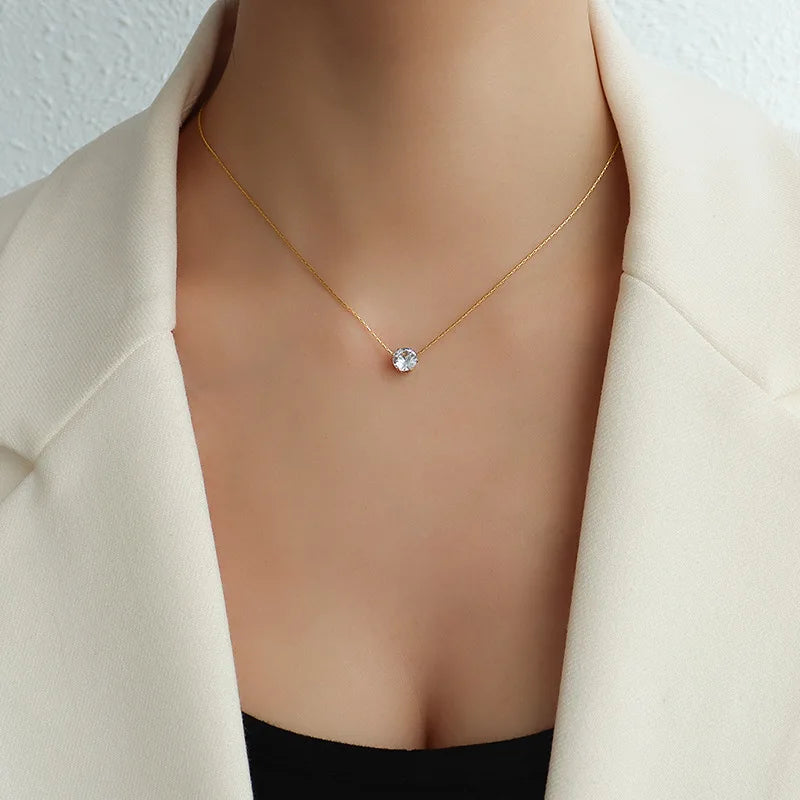 French Style Simple Micro CZ Pave Diamond Pendant Stainless Steel Wholesale Chain Chokers Necklace for Women