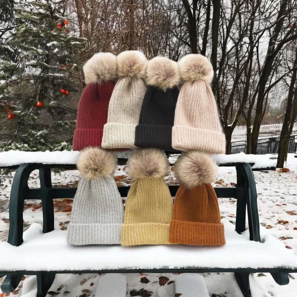 Fashion Style Women's Autumn Winter Cycling Warm All-match Big Fur Ball Cap Moon Beanie Cashmere Casual Hat