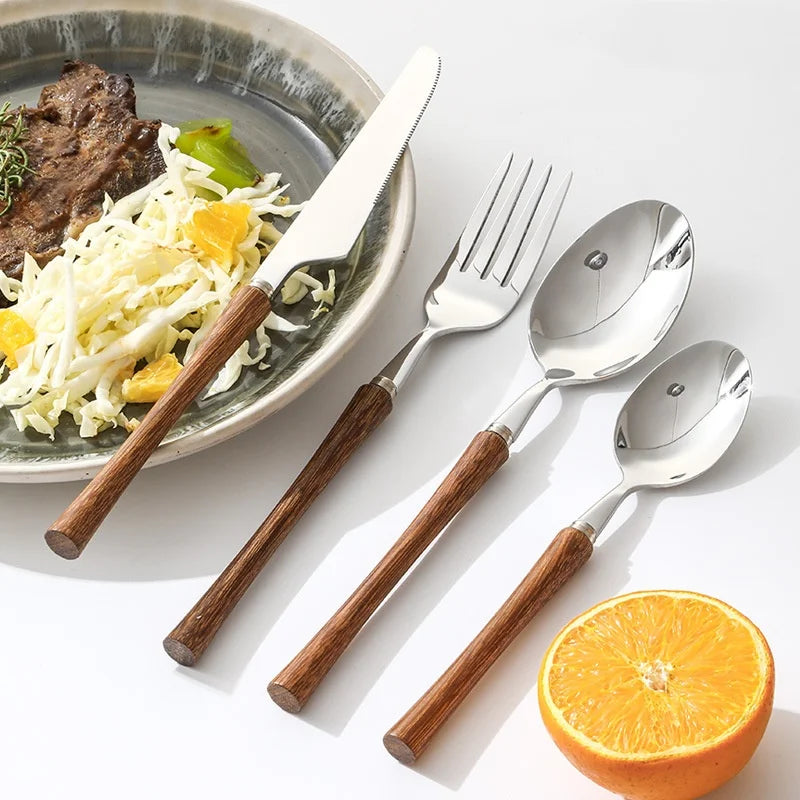 Stylish 304 Stainless Steel Steak Knife Chinese Solid Wood Handle New Small Waist Design for Dessert Spoon Tableware Made Metal