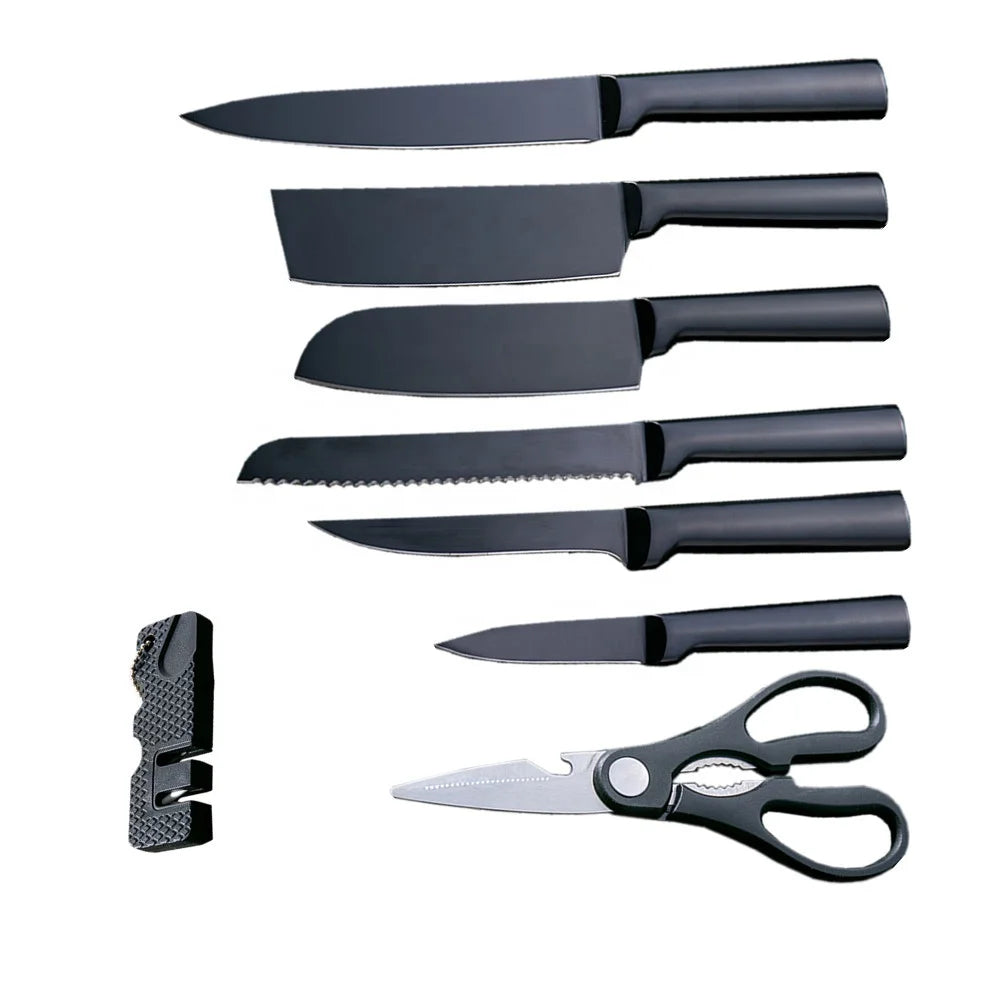 High Quality 8-Piece Stainless Steel Kitchen Knife Set Includes Chef Knife for Cutting & Cooking with Black Blade Sharpener