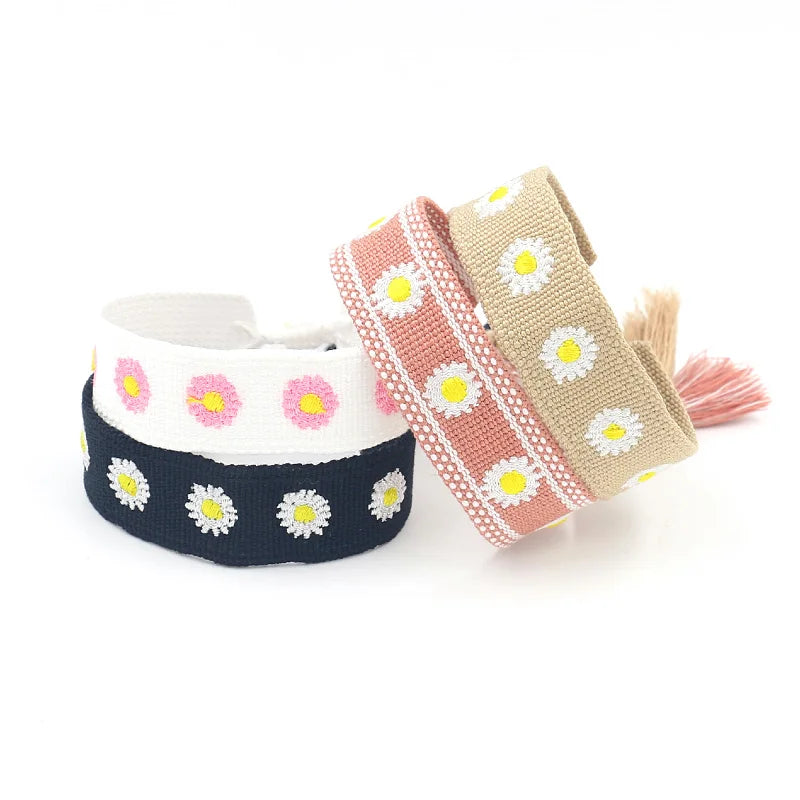 European American Floral Flower Embroidery Friendship Braided Woven Bracelet